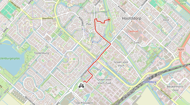 Kaart van de omgeving van de melding, met de kazerne die is gealarmeerd