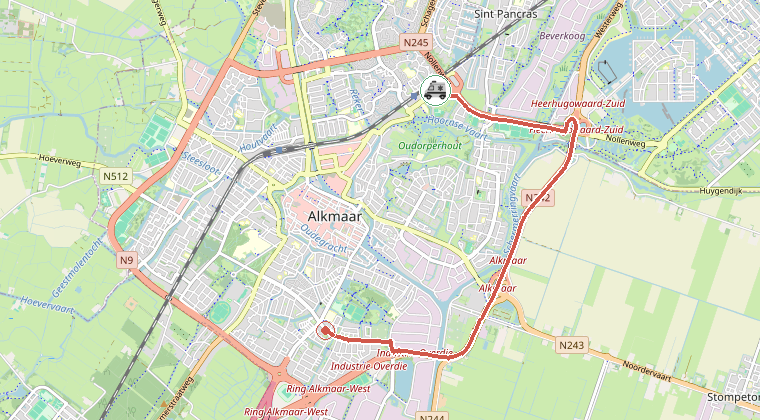 Kaart van de omgeving van de melding, met de kazerne die is gealarmeerd