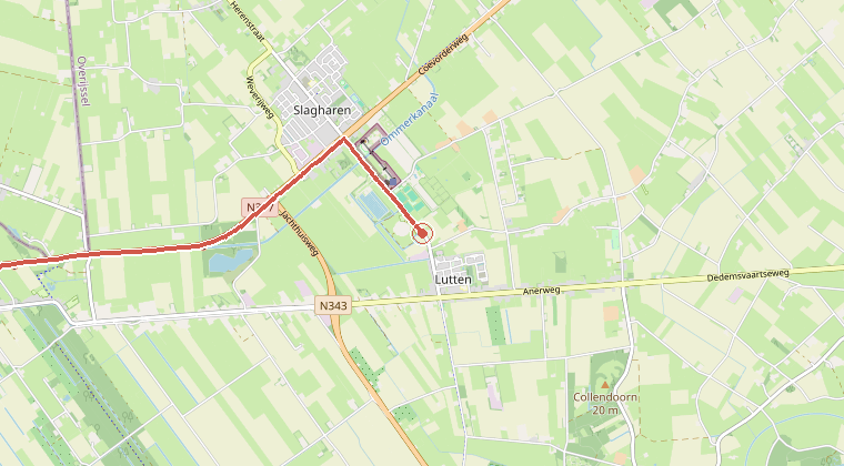 Kaart van de omgeving van de melding, met de kazerne die is gealarmeerd