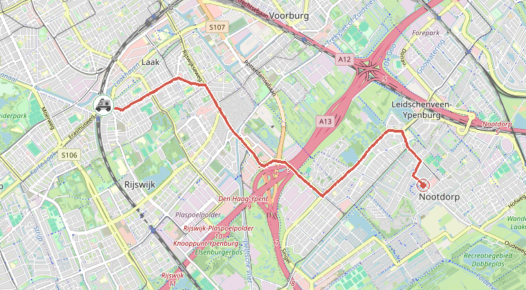 Kaart van de omgeving van de melding, met de kazerne die is gealarmeerd