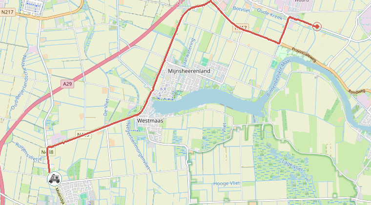 Kaart van de omgeving van de melding, met de kazerne die is gealarmeerd