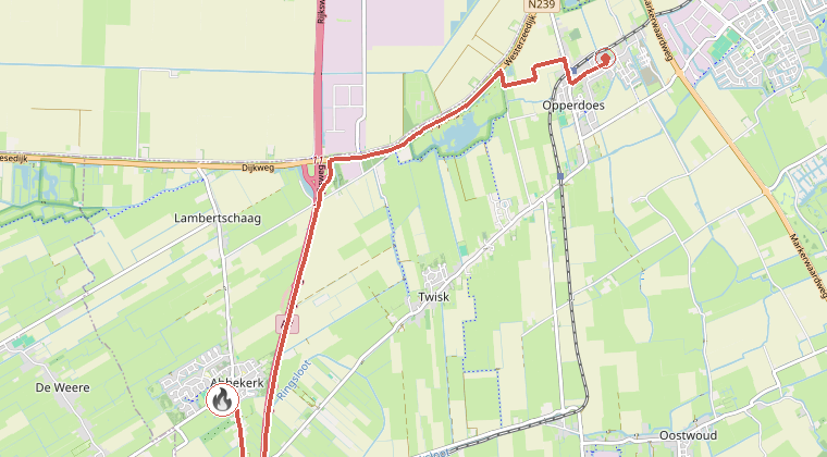 Kaart van de omgeving van de melding, met de kazerne die is gealarmeerd
