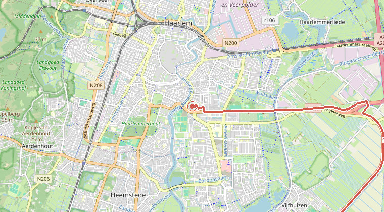 Kaart van de omgeving van de melding, met de kazerne die is gealarmeerd