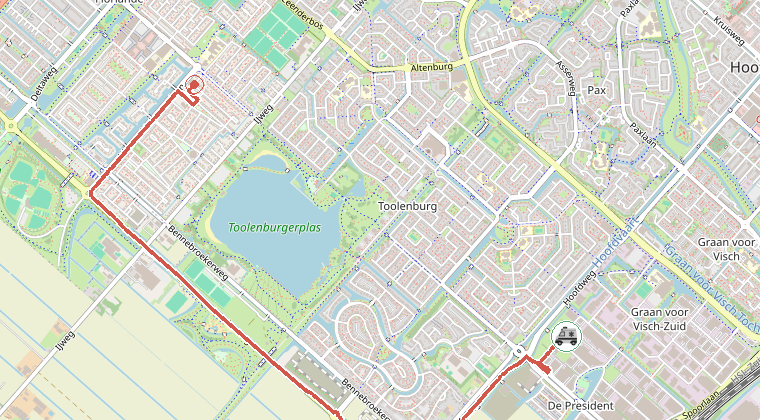 Kaart van de omgeving van de melding, met de kazerne die is gealarmeerd
