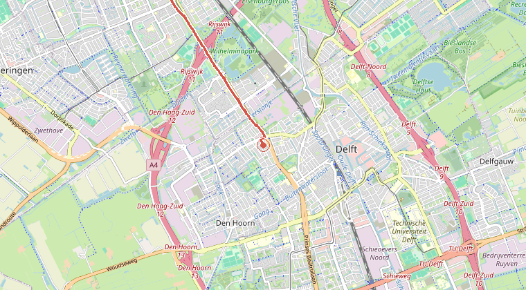Kaart van de omgeving van de melding, met de kazerne die is gealarmeerd