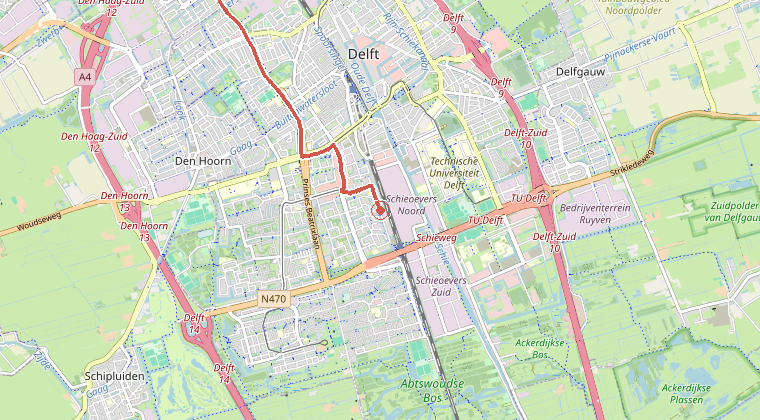 Kaart van de omgeving van de melding, met de kazerne die is gealarmeerd