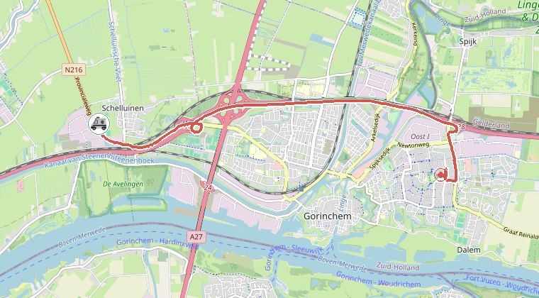 Kaart van de omgeving van de melding, met de kazerne die is gealarmeerd