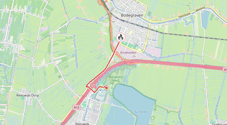 Kaart van de omgeving van de melding, met de kazerne die is gealarmeerd