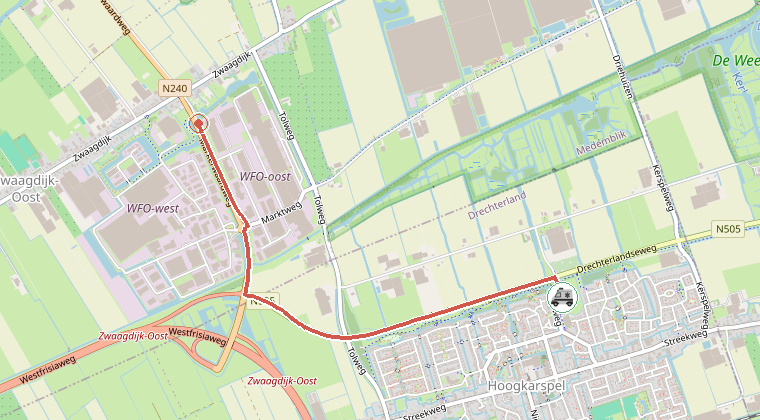 Kaart van de omgeving van de melding, met de kazerne die is gealarmeerd