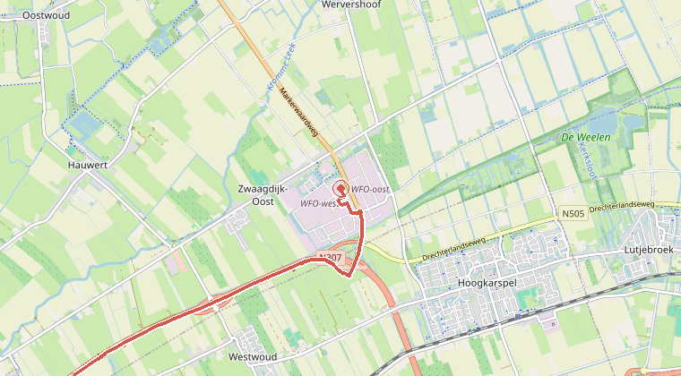 Kaart van de omgeving van de melding, met de kazerne die is gealarmeerd