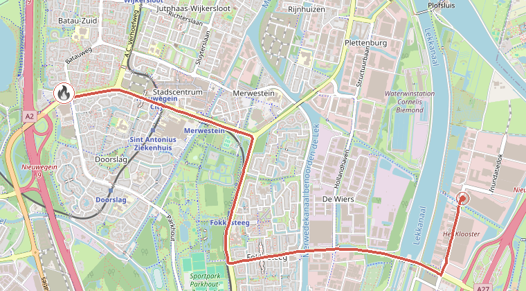 Kaart van de omgeving van de melding, met de kazerne die is gealarmeerd