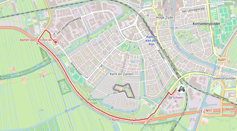 Kaart van de omgeving van de melding, met de kazerne die is gealarmeerd