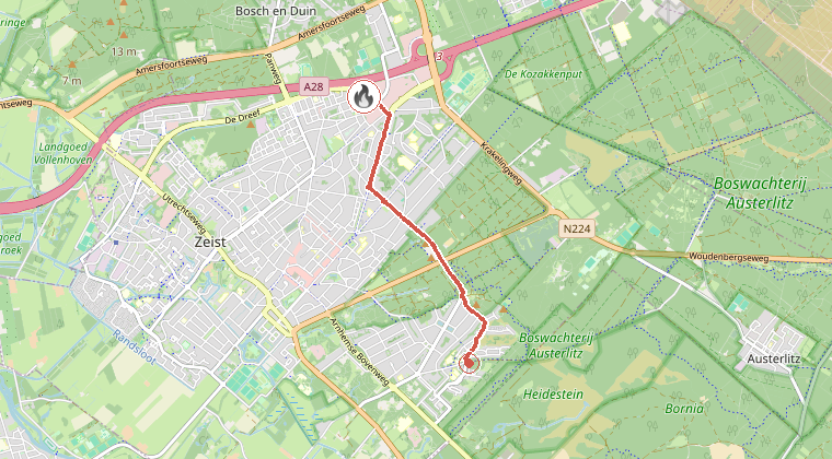 Kaart van de omgeving van de melding, met de kazerne die is gealarmeerd