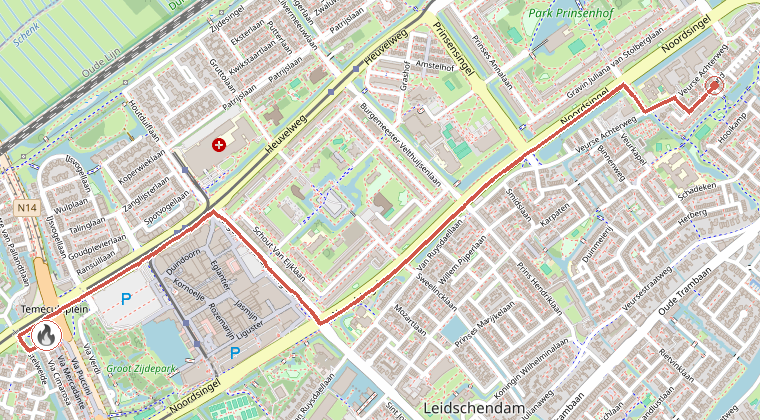 Kaart van de omgeving van de melding, met de kazerne die is gealarmeerd