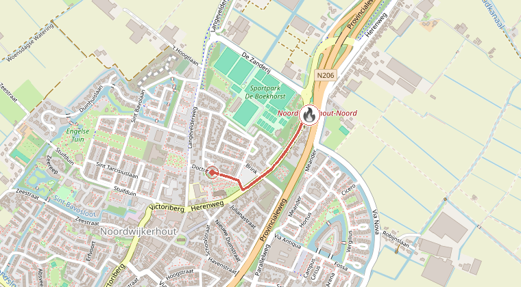 Kaart van de omgeving van de melding, met de kazerne die is gealarmeerd
