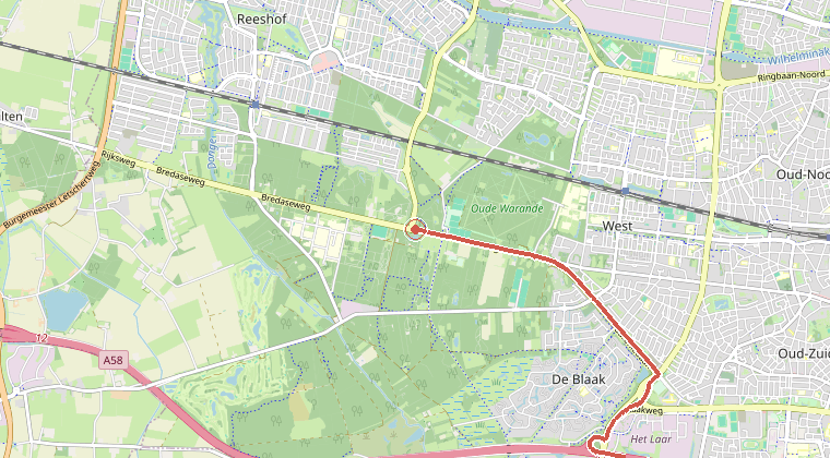 Kaart van de omgeving van de melding, met de kazerne die is gealarmeerd