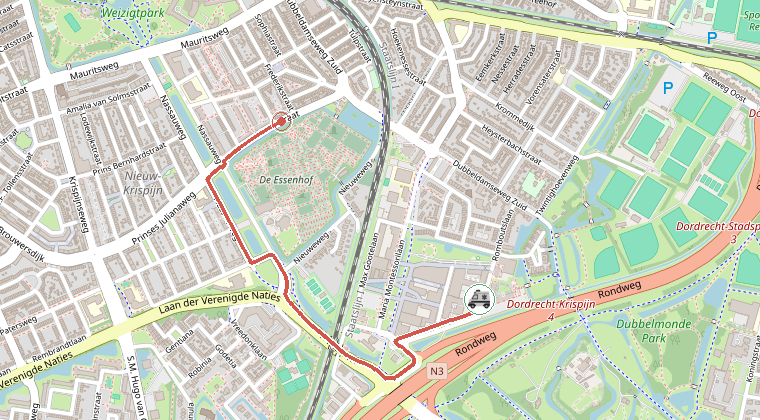 Kaart van de omgeving van de melding, met de kazerne die is gealarmeerd