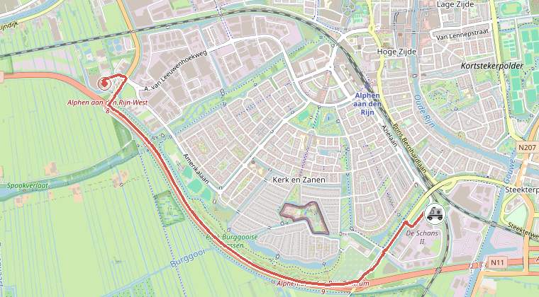 Kaart van de omgeving van de melding, met de kazerne die is gealarmeerd