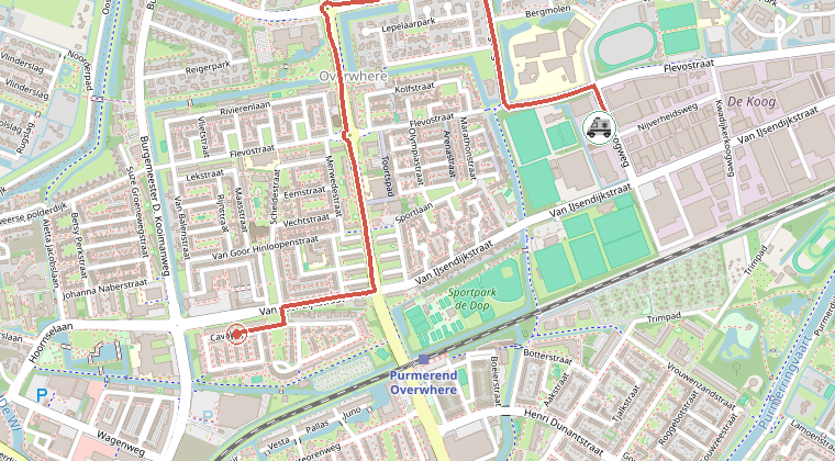 Kaart van de omgeving van de melding, met de kazerne die is gealarmeerd