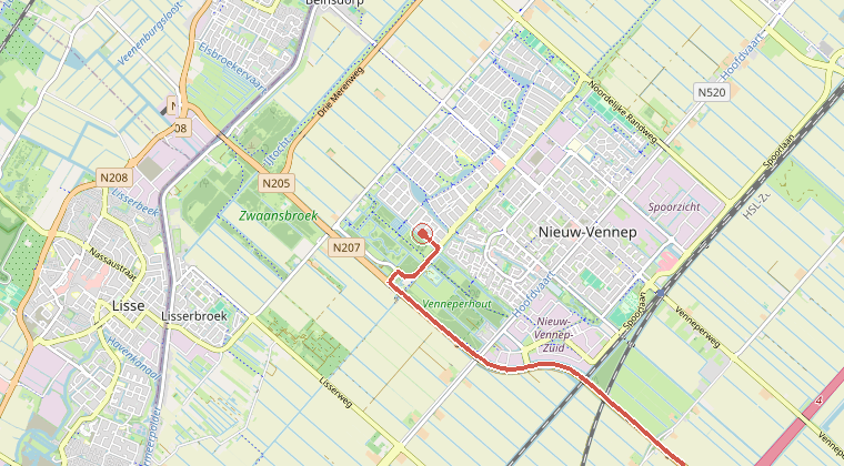 Kaart van de omgeving van de melding, met de kazerne die is gealarmeerd