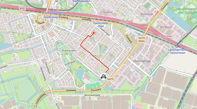 Kaart van de omgeving van de melding, met de kazerne die is gealarmeerd
