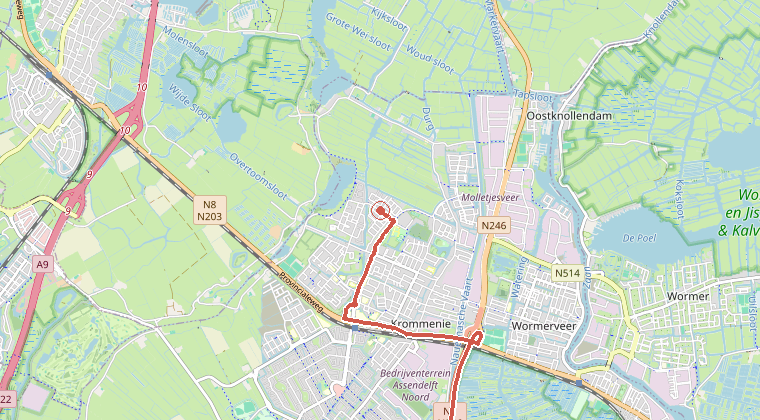 Kaart van de omgeving van de melding, met de kazerne die is gealarmeerd