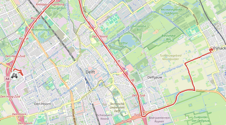 Kaart van de omgeving van de melding, met de kazerne die is gealarmeerd