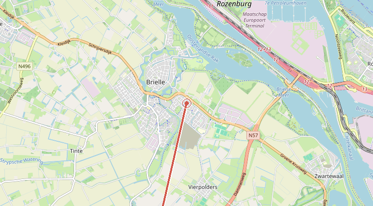 Kaart van de omgeving van de melding, met de kazerne die is gealarmeerd