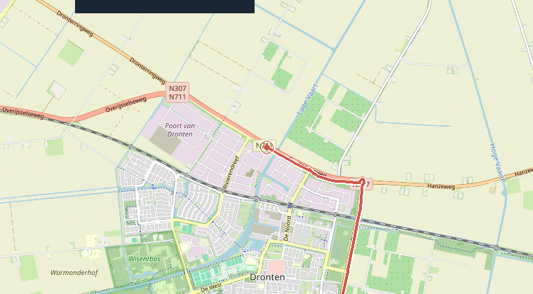 Kaart van de omgeving van de melding, met de kazerne die is gealarmeerd