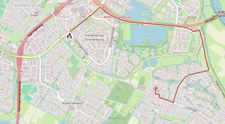 Kaart van de omgeving van de melding, met de kazerne die is gealarmeerd