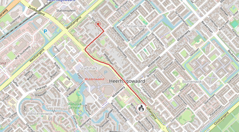Kaart van de omgeving van de melding, met de kazerne die is gealarmeerd