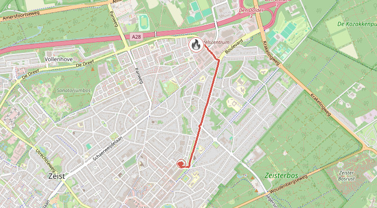 Kaart van de omgeving van de melding, met de kazerne die is gealarmeerd