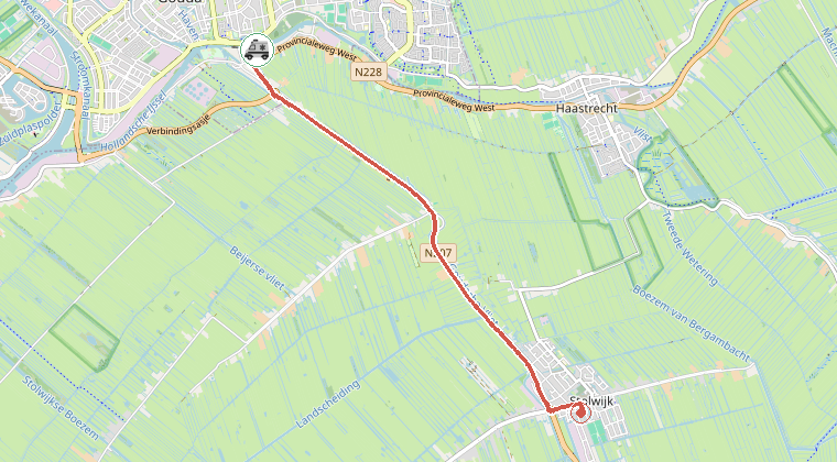 Kaart van de omgeving van de melding, met de kazerne die is gealarmeerd