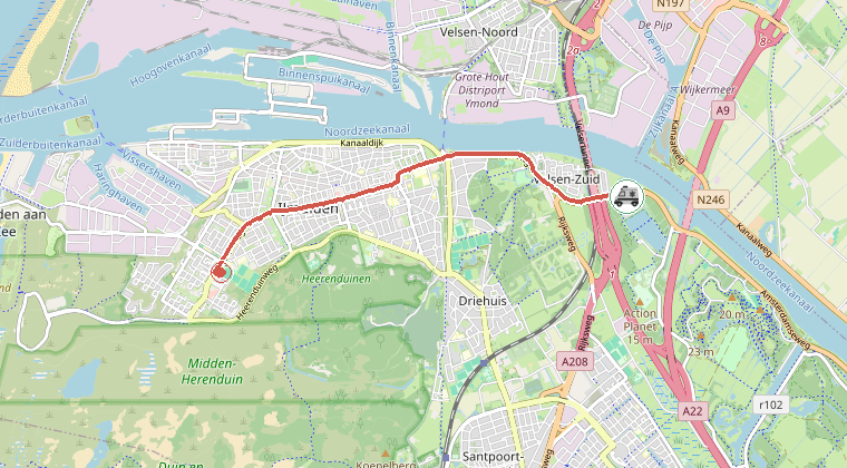 Kaart van de omgeving van de melding, met de kazerne die is gealarmeerd