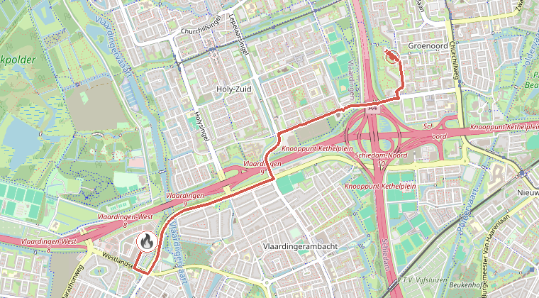Kaart van de omgeving van de melding, met de kazerne die is gealarmeerd