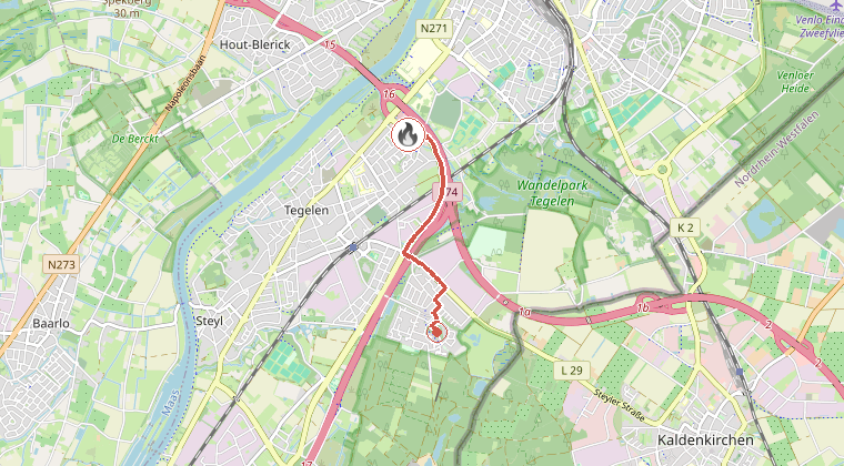 Kaart van de omgeving van de melding, met de kazerne die is gealarmeerd