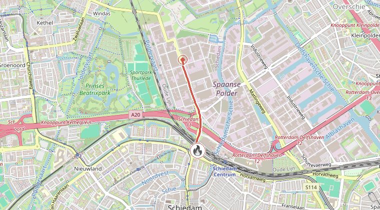 Kaart van de omgeving van de melding, met de kazerne die is gealarmeerd
