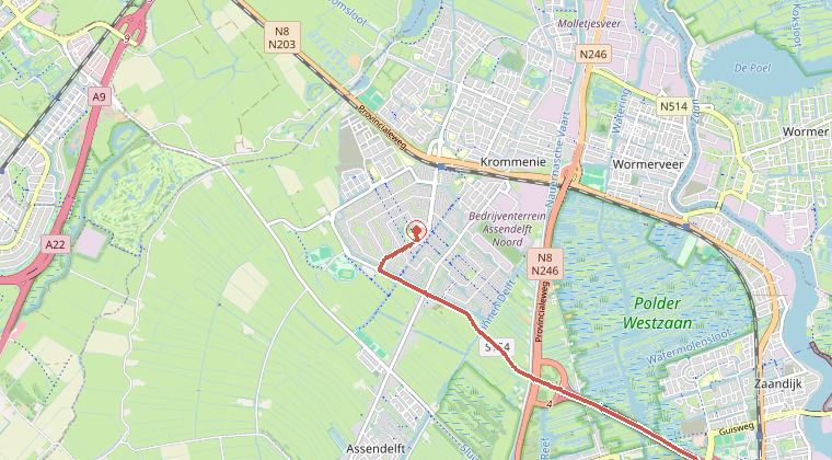 Kaart van de omgeving van de melding, met de kazerne die is gealarmeerd
