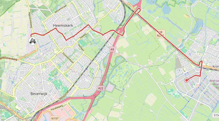 Kaart van de omgeving van de melding, met de kazerne die is gealarmeerd