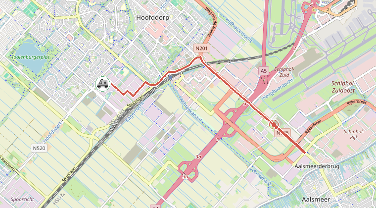 Kaart van de omgeving van de melding, met de kazerne die is gealarmeerd