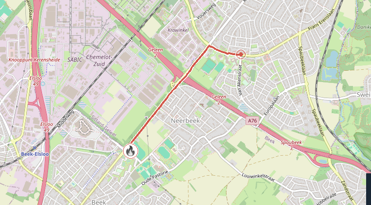 Kaart van de omgeving van de melding, met de kazerne die is gealarmeerd