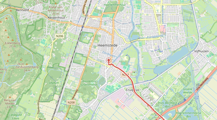 Kaart van de omgeving van de melding, met de kazerne die is gealarmeerd