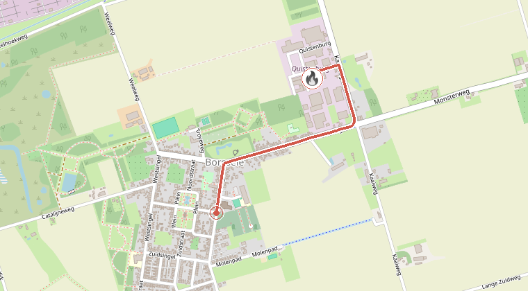 Kaart van de omgeving van de melding, met de kazerne die is gealarmeerd