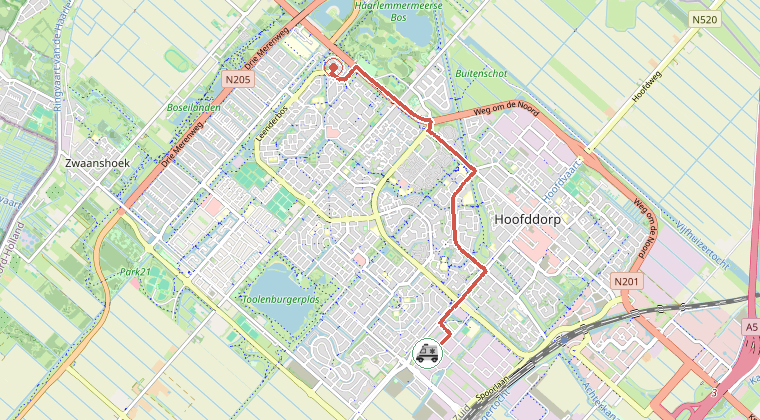 Kaart van de omgeving van de melding, met de kazerne die is gealarmeerd