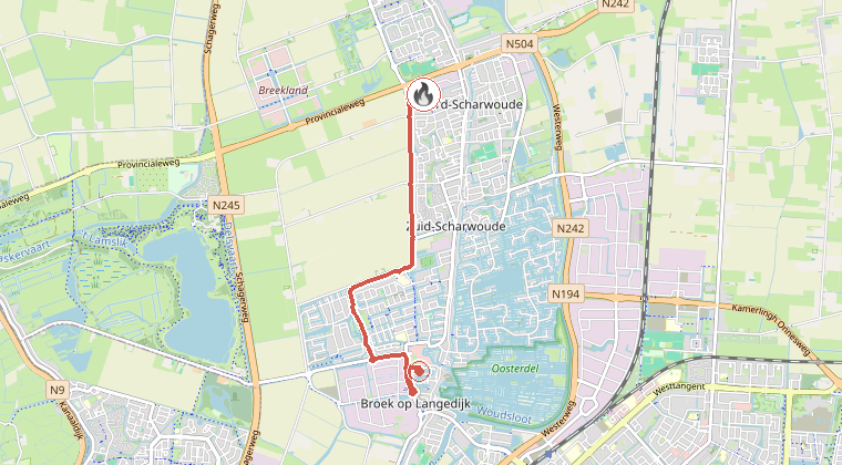 Kaart van de omgeving van de melding, met de kazerne die is gealarmeerd