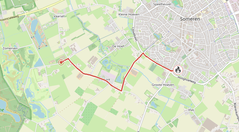 Kaart van de omgeving van de melding, met de kazerne die is gealarmeerd