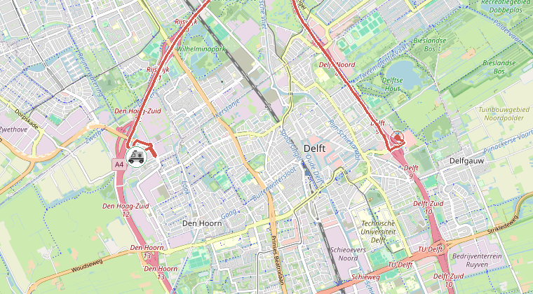 Kaart van de omgeving van de melding, met de kazerne die is gealarmeerd