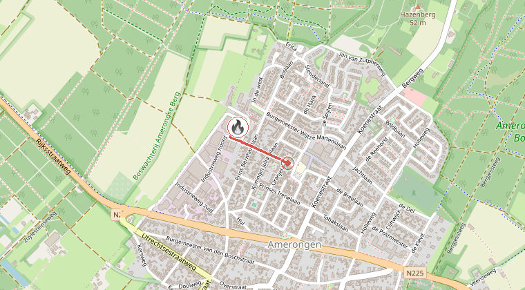 Kaart van de omgeving van de melding, met de kazerne die is gealarmeerd