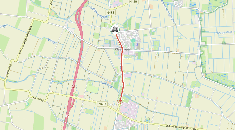 Kaart van de omgeving van de melding, met de kazerne die is gealarmeerd