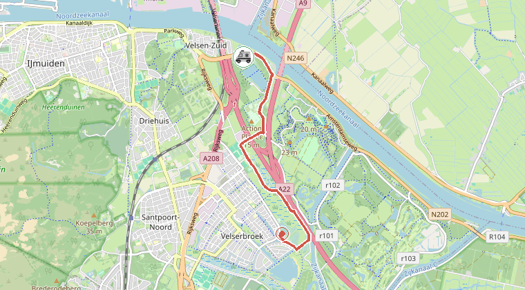 Kaart van de omgeving van de melding, met de kazerne die is gealarmeerd